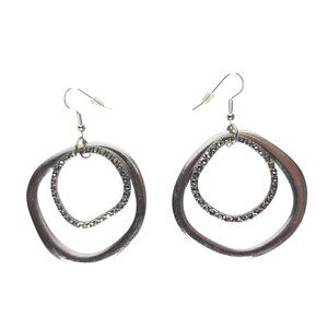 Silver Tone Double Hoop Dangle Earrings Rhinestone